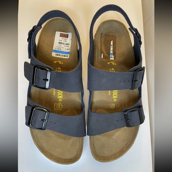 Birkenstock Milano Men’s Sandals 10M 43 EU Navy Leather Soft Footbed Slingback - Picture 2 of 16